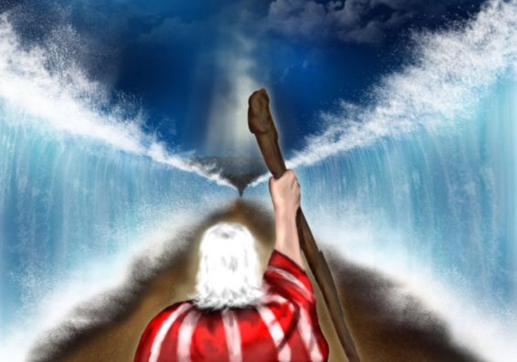 A person parts a massive ocean wave, evoking the biblical Exodus scene.